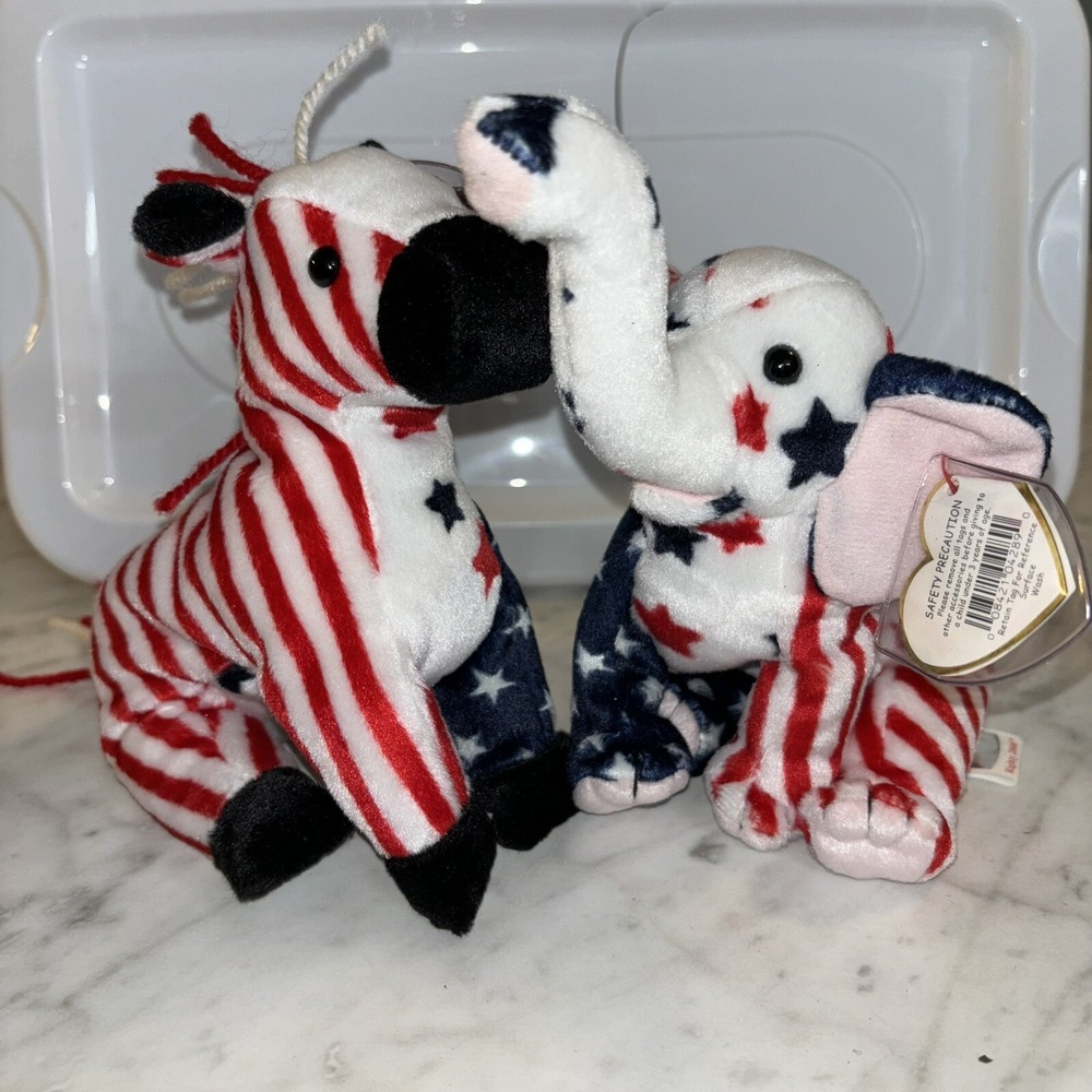 TY Beanie Babies VTG Lefty and Righty 2000 Set of 2 Republican Democrat Plush